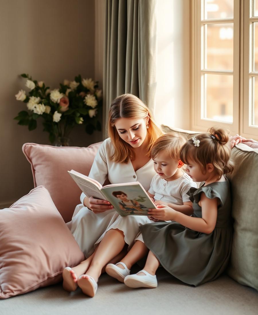 Nanny reading to two children in a cosy corner