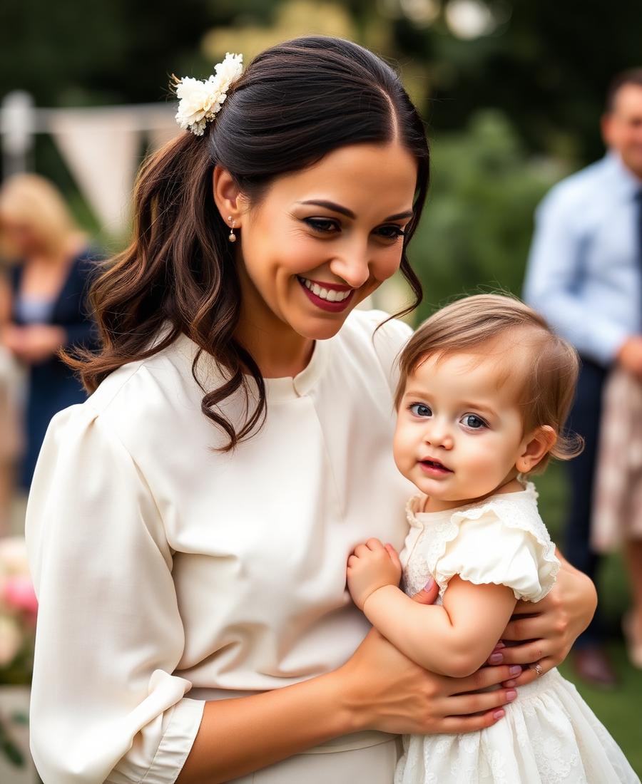 Childcare attendant with a small child at a garden wedding