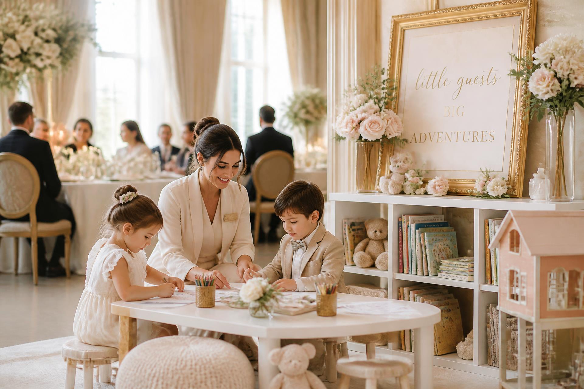 A professionally styled children's corner at a luxury wedding reception with a childcare attendant helping two children with crafts